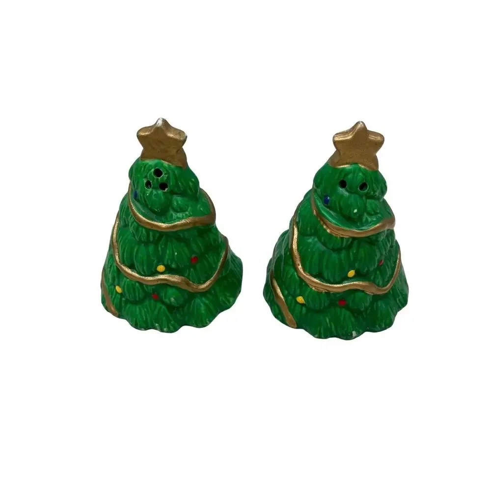 Christmas Tree Salt & Pepper Shaker Set Green With Gold Holiday Star 3.5 Inch
